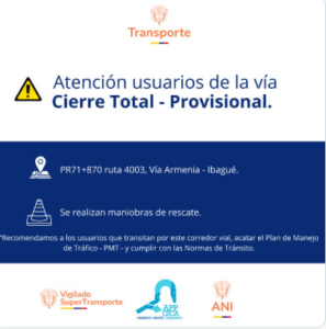 Lee más sobre el artículo Cierre total provisional en la vía Armenia – Ibagué por maniobras de rescate