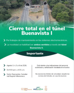 Lee más sobre el artículo Inicia cierre nocturno del túnel Buenavista i por mantenimiento en el corredor Bogotá–Villavicencio