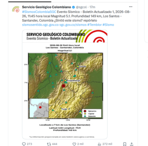 Lee más sobre el artículo SISMO DE MAGNITUD 5,1 SE REGISTRA EN LOS SANTOS Y ES PERCIBIDO EN BUCARAMANGA Y BOGOTÁ